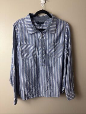Tommy Hilfiger Blue and White Striped Half Zip Pullover Top XL